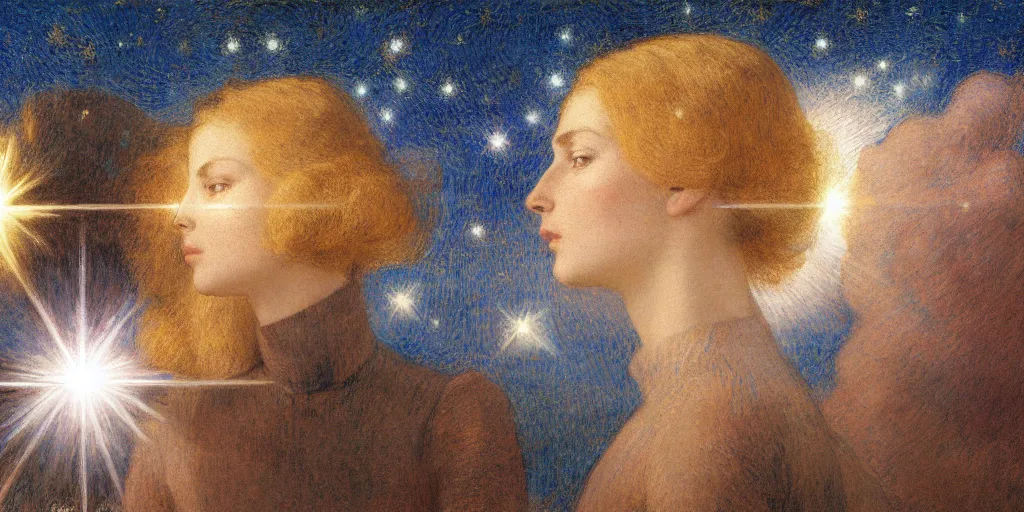 Image similar to portrait of a chrome female robot, reflections, mirroring, stars in space, rich clouds, warm azure tones, heavy lensflare, color bleed, film grain, depth of field, jules bastien - lepage, rudolph belarski, johfra bosschart, alexandre cabanel