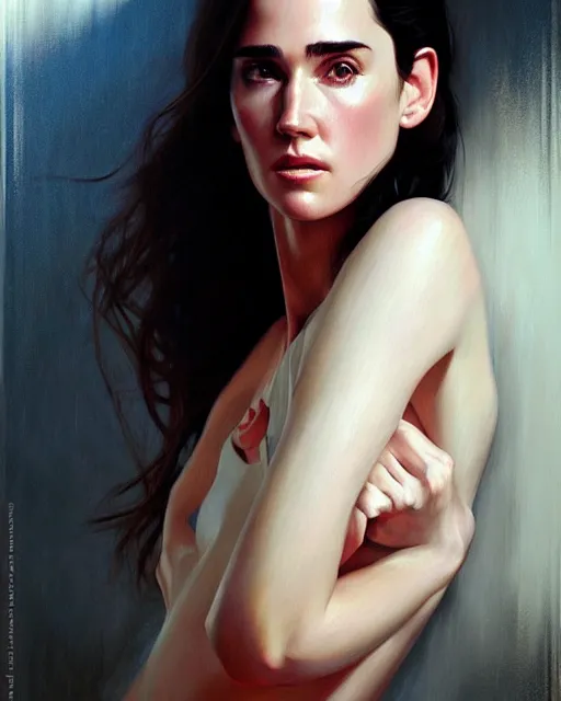 Image similar to an artistic pose, composition, young jennifer connelly, realistic shaded, fine details, realistic shaded lighting poster by ilya kuvshinov, magali villeneuve, artgerm, jeremy lipkin and michael garmash and rob rey