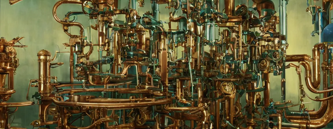 Image similar to a super high resolution film still of machine apparatus for making snake oil, huge copper machine with purple and green intricate pipework, art by andrey remnev, and bruce pennington, directed by denis villeneuve, cinematography by robby muller, fine detail, kodachrome 8 k, snake machine, cinematic lighting