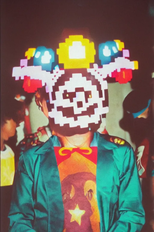 Image similar to 35mm photo of Mario from the video game Mario Bros., wearing a dia de los muertos mask light leaks, kodachrome