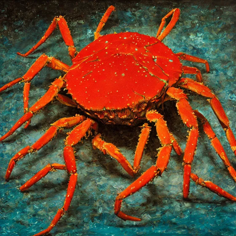 Prompt: Hyperrealistic intensely colored Studio wet collodion Photograph portrait of a deep sea Giant Spider Crab deep underwater in darkness long exposure, award-winning nature deep sea expressionistic impasto heavy brushstrokes oil painting by Jenny Saville and Norman Rockwell and Audubon vivid colors hyperrealism 8k