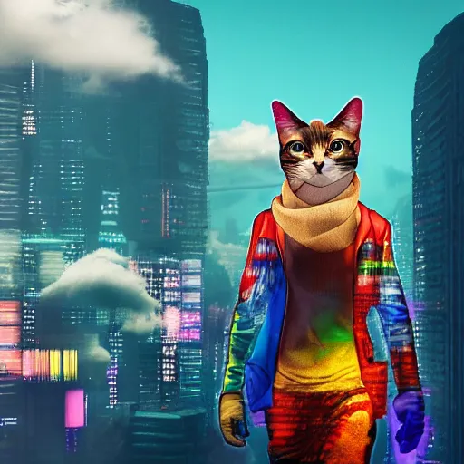 Prompt: colorful cyberpunk cat with 2 heads walking on clouds, realistic, 4 k