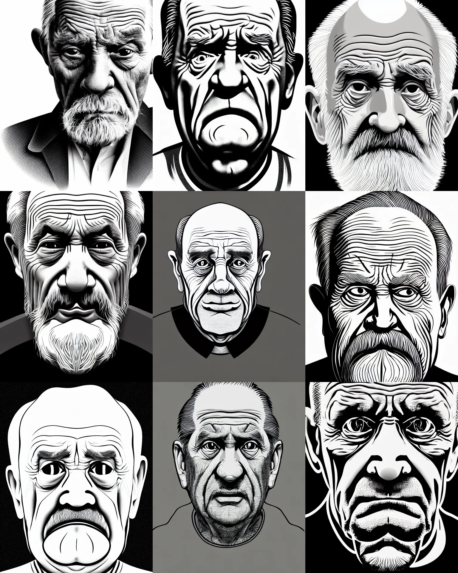 Prompt: a close up monochromatic vector based illustration of a very ordinary very old man with a angry expression, wrinkles, no gradients, pure black ink on white background, smooth curves, vector spline curve style, award winning, stunning, trending on art station, highly detailed