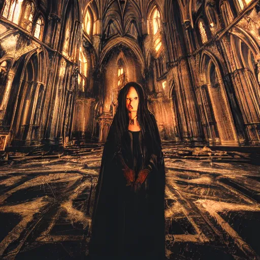 Prompt: portrait of a beautiful witch in a decaying-cathedral-lit-by-skull-chandelier, volumetric lighting, cinematic