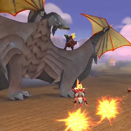 Image similar to a screenshot from runescape with two magical dragons perched on top of lumbridge