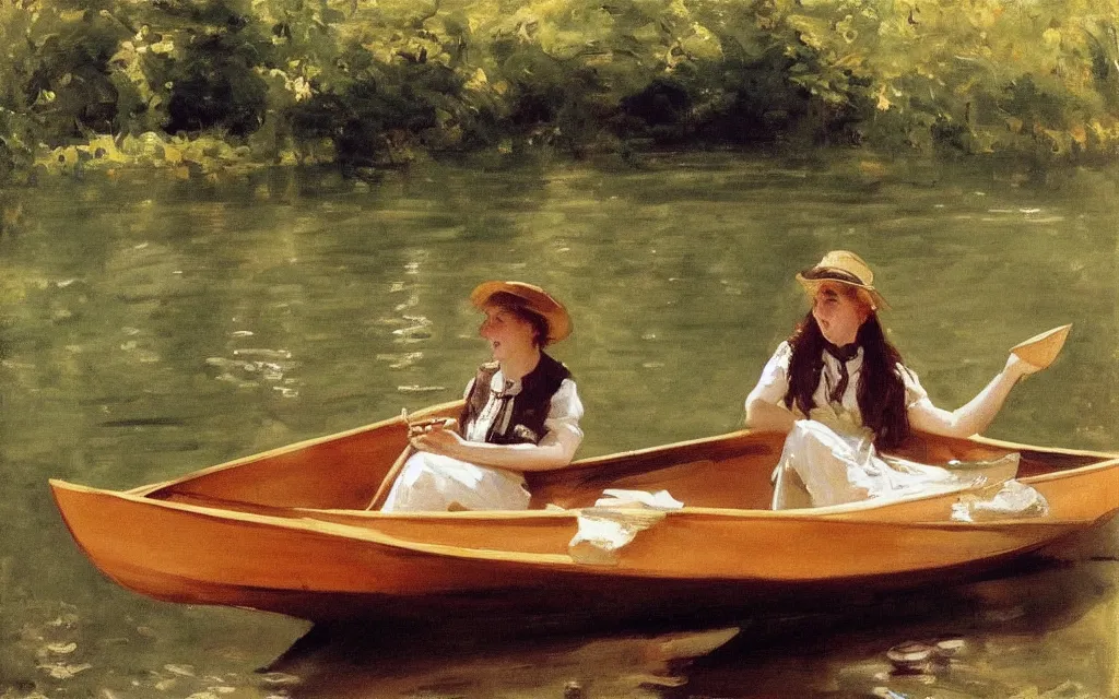 Prompt: “ a girl sitting in canoe on a river drinking beer, john siner sargent ”