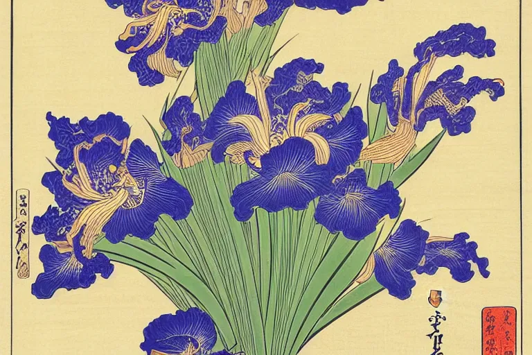 Prompt: a beautiful and hyperdetailed ukiyo - e drawing of tangled irises and flowers by katsushika hokusai, in style by utagawa kuniyoshi and utagawa hiroshige, japanese print art, intricate, elegant, complex, 4 k