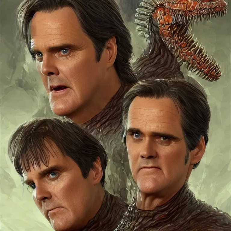 Image similar to hydra of lerna with two heads, one head is jim carey as lloyd christmas, the other head is jeff daniels as harry dunne ( from dumb and dumber ), serpentine water monster, d & d, fantasy, portrait, highly detailed, digital painting, trending on artstation, concept art, sharp focus, illustration, art by artgerm and craig mullins