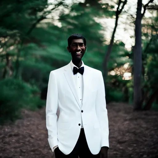 Prompt: A long tall man with white eyes, black skin, and a white suit and tie, National Geographic photography, bokeh, 8K