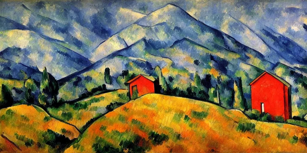 Image similar to stunning painting of landscape with an red cabin on a mountain by paul cezanne