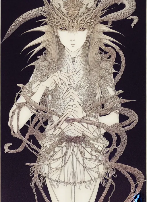 Prompt: prompt: Fragile looking vessel portrait soft light drawn by Takato Yamamoto, inspired by Fables, ancient dragon knight armor decoration, magical and alchemical objects on the side, soft light, white background, intricate detail, intricate oil painting detail, sharp high detail, manga and anime 2000