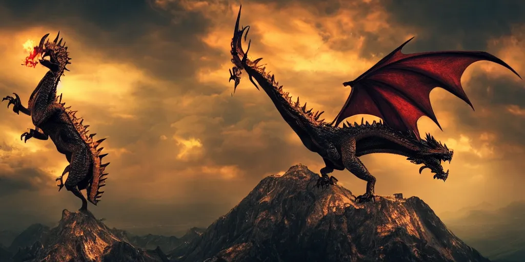 Image similar to A single dragon with half open wings breathing fire standing on the top of a mountain, epic composition, detailed and intricate image, cinematic, 4K