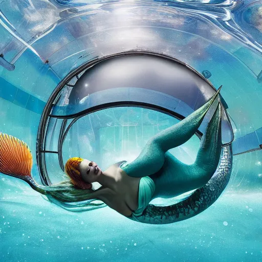 Image similar to a mermaid swimming past a futuristic underwater dome city