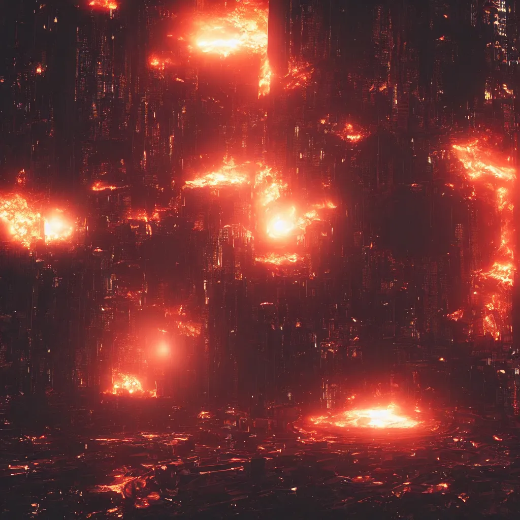 Image similar to a black hole is destroying a gothic cyberpunk City, catastrophic, fire and explosions, the feeling of dread, photorealistic, octane render, unreal engine