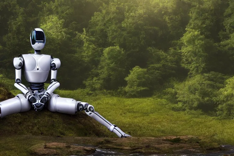 Prompt: professional photo of highly-detailed robot sitting cross-legged with its head pointing down realizing he is the last robot in existence, on a small hill, in a fantasy forest with blooming trees and surrounded my wildlife, river flowing beside the robot, 4k, highly detailed, Unreal Engine