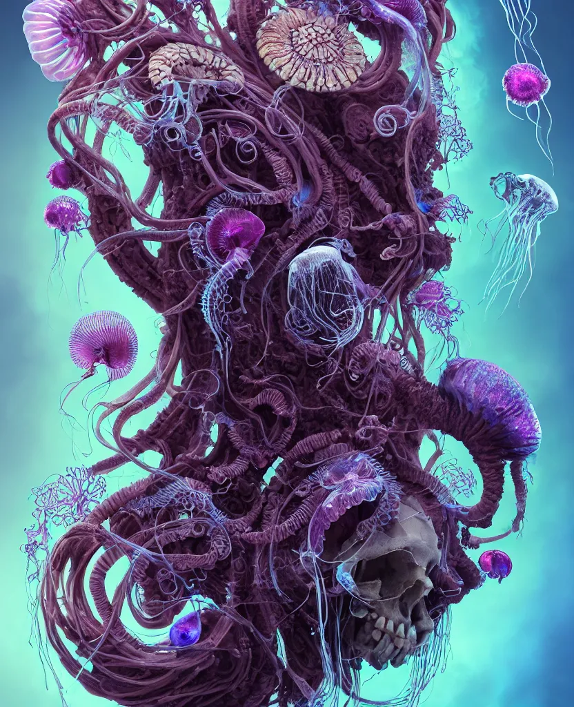 Image similar to goddess close-up portrait ram skull, thorax, x-ray, backbone, jellyfish phoenix head, nautilus, orchid, skull, betta fish, bioluminiscent creatures, intricate artwork by Tooth Wu and wlop and beeple. octane render, trending on artstation, greg rutkowski very coherent symmetrical artwork. cinematic, hyper realism, high detail, octane render, 8k