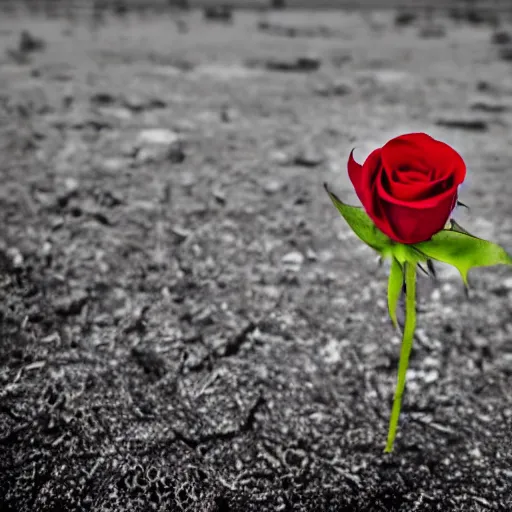 Prompt: a flower in a wasteland, one single flower, red rose, destroyed swampland, ultra - realistic, 4 k, gray background, dead trees, one lone flower, concept art,