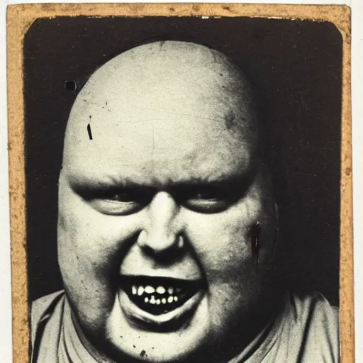 Prompt: antique photograph of an evil catholic priest, cracked and faded photo paper, morbidly obese, crazy eyes wide open, horror, staring at the camera with hate, headshot, dark background, low light, dark