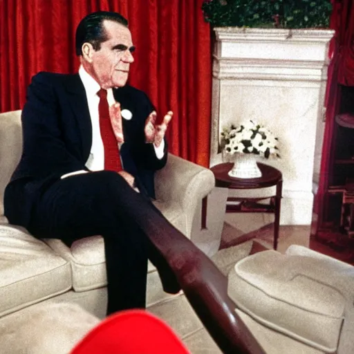 Prompt: President Richard Nixon speaks with Super Mario. White House Photo.