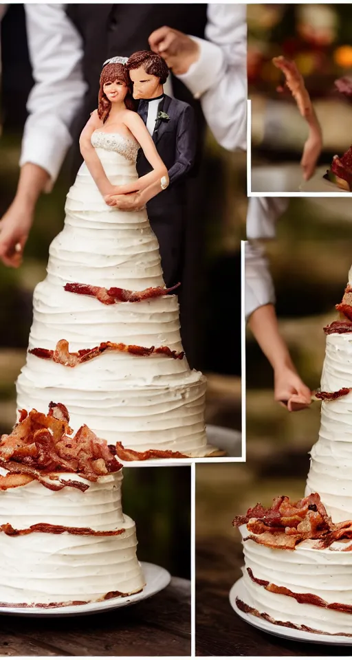 Image similar to a wedding cake made of bacon, professional food photo, bride and groom on top of the wedding cake,