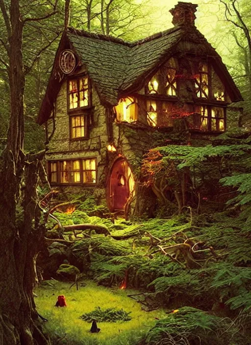 Image similar to hyper realistic homely witch cottage rococo in the woods gorgeous lighting, highly detailed, lush forest painting by norman rockwell, james gurney zdzisław beksinski and norman rockwell and greg rutkowskiweta studio