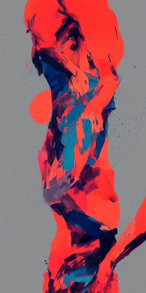 Image similar to abstract flowing brush strokes, stylized, torso of one!!! athletic man posing dramatically with no face in the center of the frame, by conrad roset, dark background, painting trending on artstation