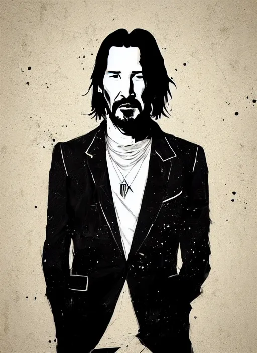 Prompt: highly detailed closeup portrait of cool keanu reeves, wavy hair, jhonny depp, black suit by atey ghailan, by greg rutkowski, by greg tocchini, by james gilleard, by joe fenton, by kaethe butcher, gradient yellow, black and white color scheme, grunge aesthetic!!! ( ( graffiti tag wall background ) )