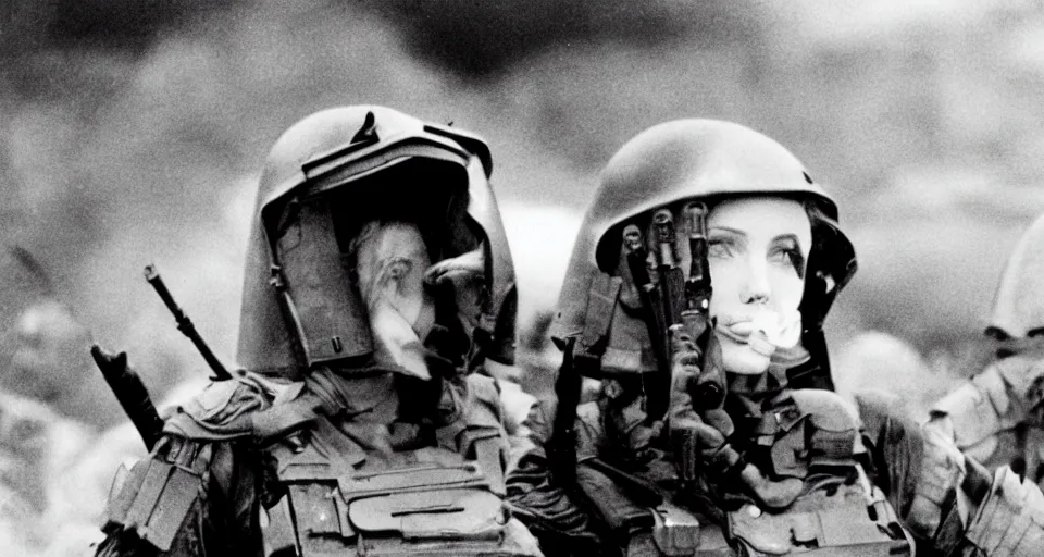 Image similar to cinematic shot of angelina jolie in a beautiful female body armor during d - day, movie still