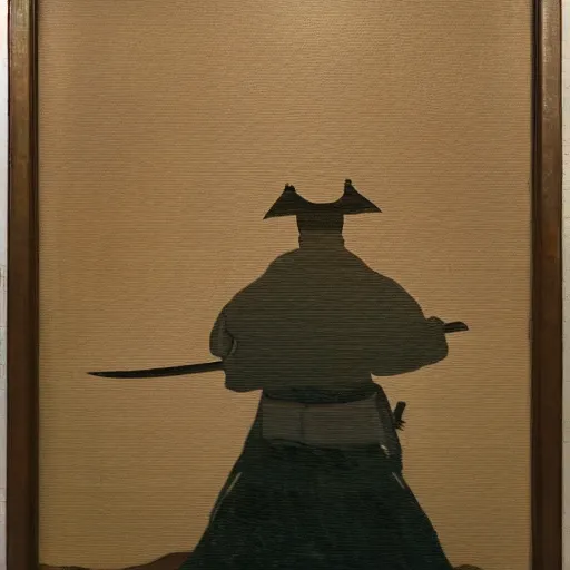 Prompt: faded oil painting on canvas in the hudson river school style of an ancient samurai soldier arriving in a futuristic utopian shanghai city. from behind. wide angle.