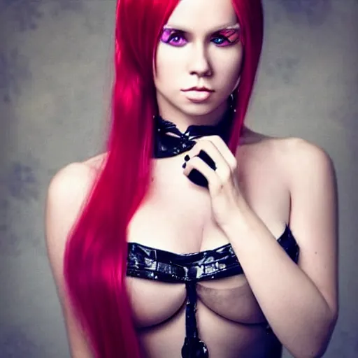 Prompt: modeling photograph kerli koiv, redhead, beautiful, dark, mysterious, bubble goth, detailed face, half body shot