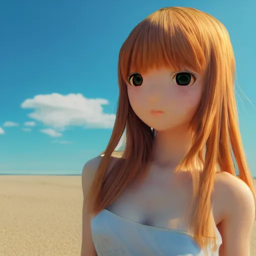 Image similar to Render of a very beautiful 3d anime girl, long hair, hazel eyes, cute freckles, full round face, short smile, cute sundress, golden hour, serene beach setting, medium shot, mid-shot, highly detailed, trending on Artstation, Unreal Engine 4k wallpaper