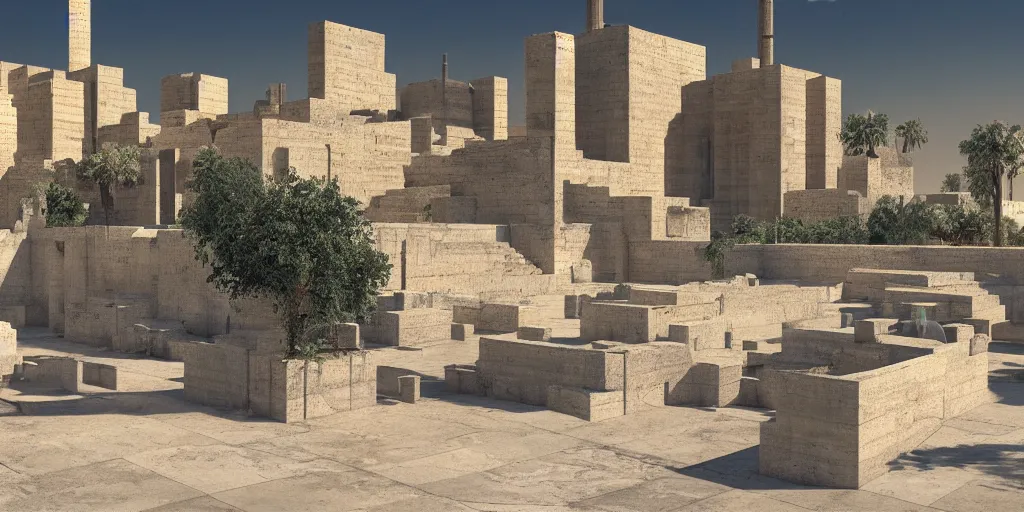 Prompt: babylonian garden based on the design of carlo scarpa in a megacity made of travertine temples, three monks wearing blue robes in the foreground, nuclear power station in the distance, sci-fi, light blue sky with clouds, optimistic matte painting, style by syd mead, 8k, octane render, photorealistic, hyperrealism