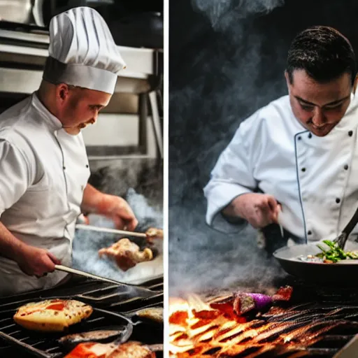 Prompt: photo of a chef cooking a unicorn on a grill