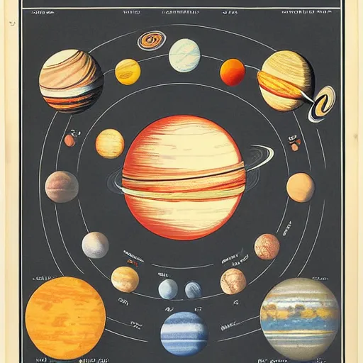 Prompt: color poster of the solar system by adolphe millot