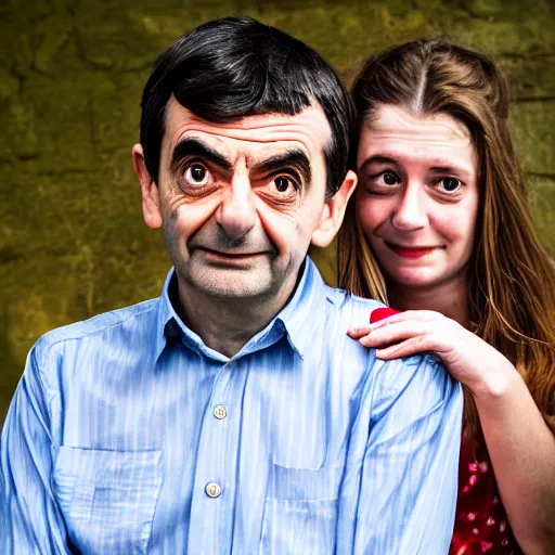 Image similar to A portrait mr bean elizabeth teams up with a teenage mr bean, perfect faces, 50 mm, award winning photography