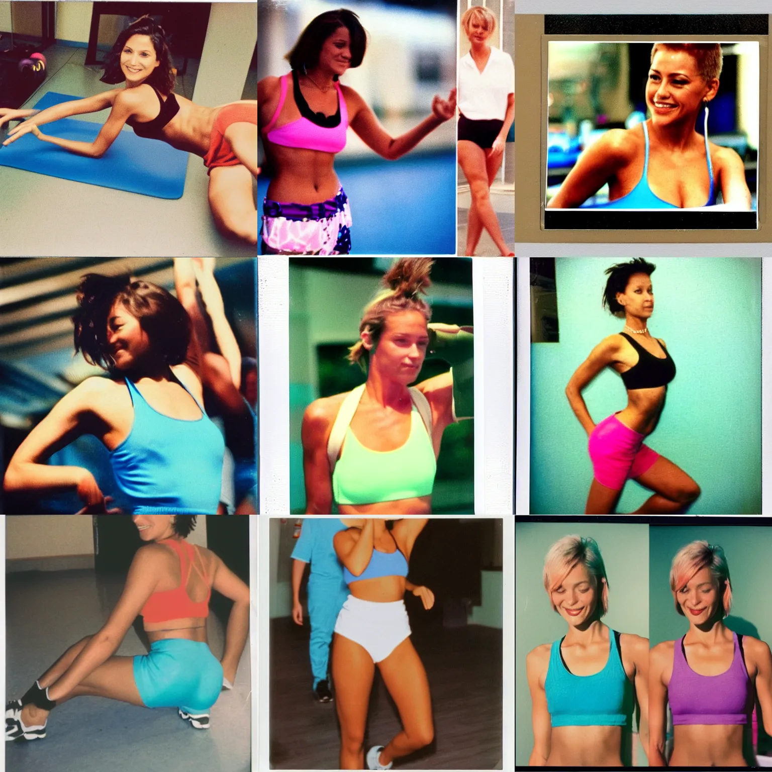 Prompt: 90's color Polaroid, A Beautiful Woman doing aerobics at the gym, short hair, tanned skin.