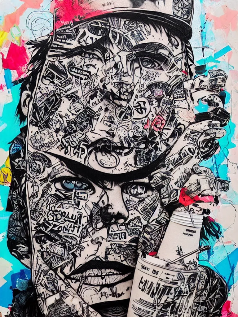 Prompt: a multilayered mixed media street art bursting with nostalgic pop culture references, punk symbols and tattoo designs, sharp details, flat white background, art by stikki peaches