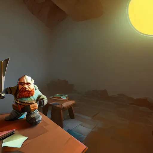 Image similar to A dwarf peeking over his desk surprised, the desk is covered in scattered papers, deep rock galactic screenshot, low poly, digital art.