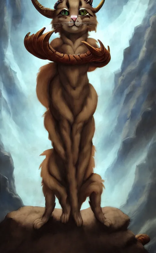 Image similar to a bipedal cat that has 2 goat horns, anthropomorphic cat that is wearing robes, matte oil painting, by michelangelo, d & d, fantasy, concept art, cosmic, magical, fog, noble, full body portrait, intricate, ornate, extremely detailed, cult, ritual, sharp focus, 4 k, 8 k