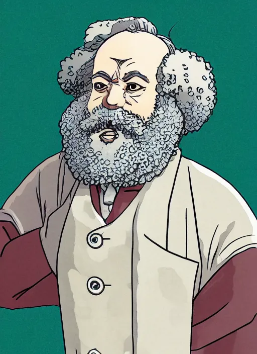 Image similar to cell shaded key visual of a karl marx in the style of studio ghibli, moebius, makoto shinkai