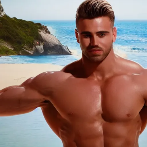 Prompt: a realistic detailed photo of a handsome attractive guy who is taking part in love island, shirtless, blond hair, full body shot, showing off his muscles, fully detailed