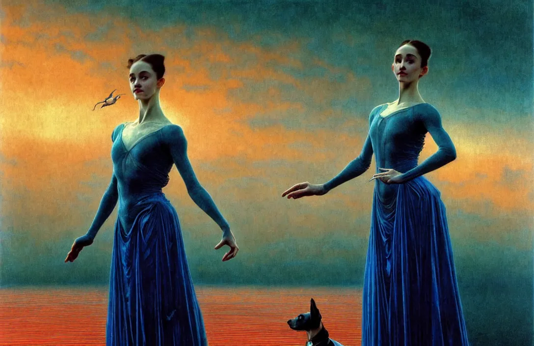 Prompt: realistic detailed portrait movie shot of a prima ballerina wearing a dark robes, sci fi city landscape background by denis villeneuve, amano, yves tanguy, alphonse mucha, ernst haeckel, max ernst, roger dean, masterpiece, rich moody colours, dog teeth, blue eyes, sunset