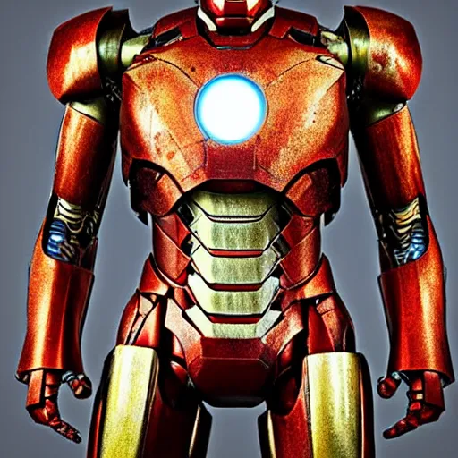 Image similar to rusted and overgrown iron man suit, 4k realistic photo