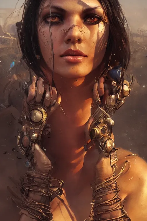 Image similar to a centered photo of a post apocalyptic goddess at the playa, powerful, cinematic, beautifully lit, by artgerm, by karol bak, 3 d, perfect face and body, trending on artstation, octane render, 8 k