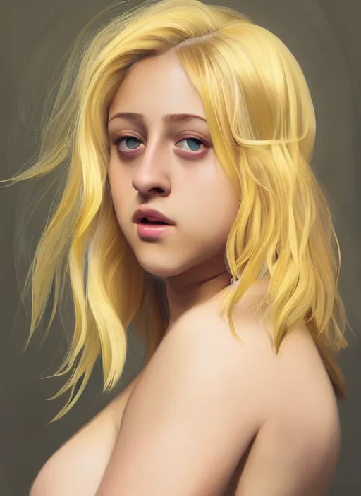 Image similar to full body portrait, teenage lili reinhart, blonde hair, obese, bangs, ponytail, sultry, realistic, sultry smirk, fluffy bangs, curly bangs, fat, belly, intricate, elegant, highly detailed, digital painting, artstation, concept art, smooth, sharp focus, illustration, art by wlop, mars ravelo and greg rutkowski