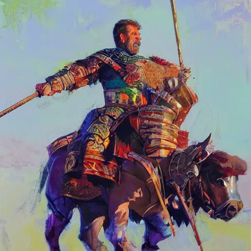 Image similar to portrait of mel gibson as rider with couched jousting lance, colorful caparisons, chainmail, detailed by greg manchess, craig mullins, bernie fuchs, walter everett