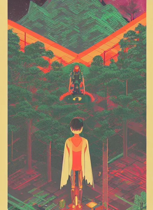 Image similar to an indie game poster of a translucent cyberpunk explorer meditating on an ancient platform in the middle of a dense forest, midnight, risograph by ghostshrimp, kawase hasui, josan gonzalez, jean giraud, moebius, colourful flat surreal design, in the style of oxenfree, super detailed, a lot of tiny details