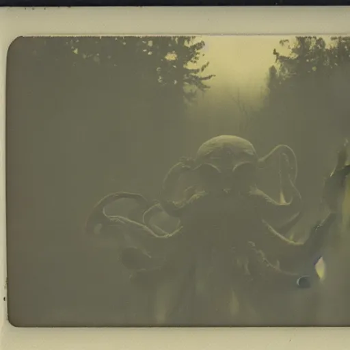 Prompt: old polaroid depicting cultists and an octopus demon, at a clearing, at dusk