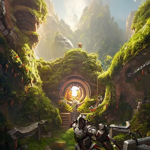 Image similar to worm's eye view of overwatch headquarters carved inside a mountain above a lush garden, neatly trimmed vegetation, magical, natural light, fantasy, sharp focus, concept art, by greg rutkowski and craig mullins, cozy atmospheric