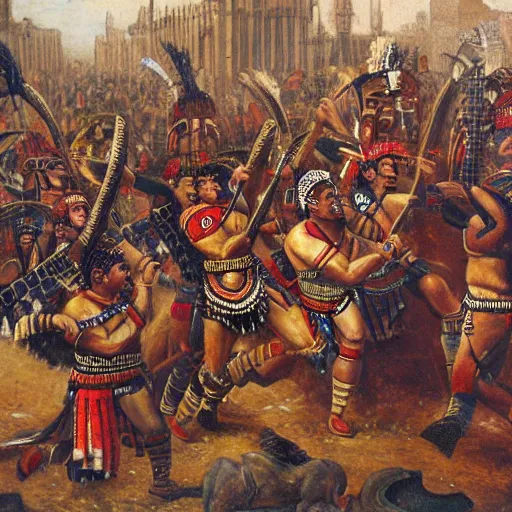 Prompt: oil painting of aztec warriors sacking london